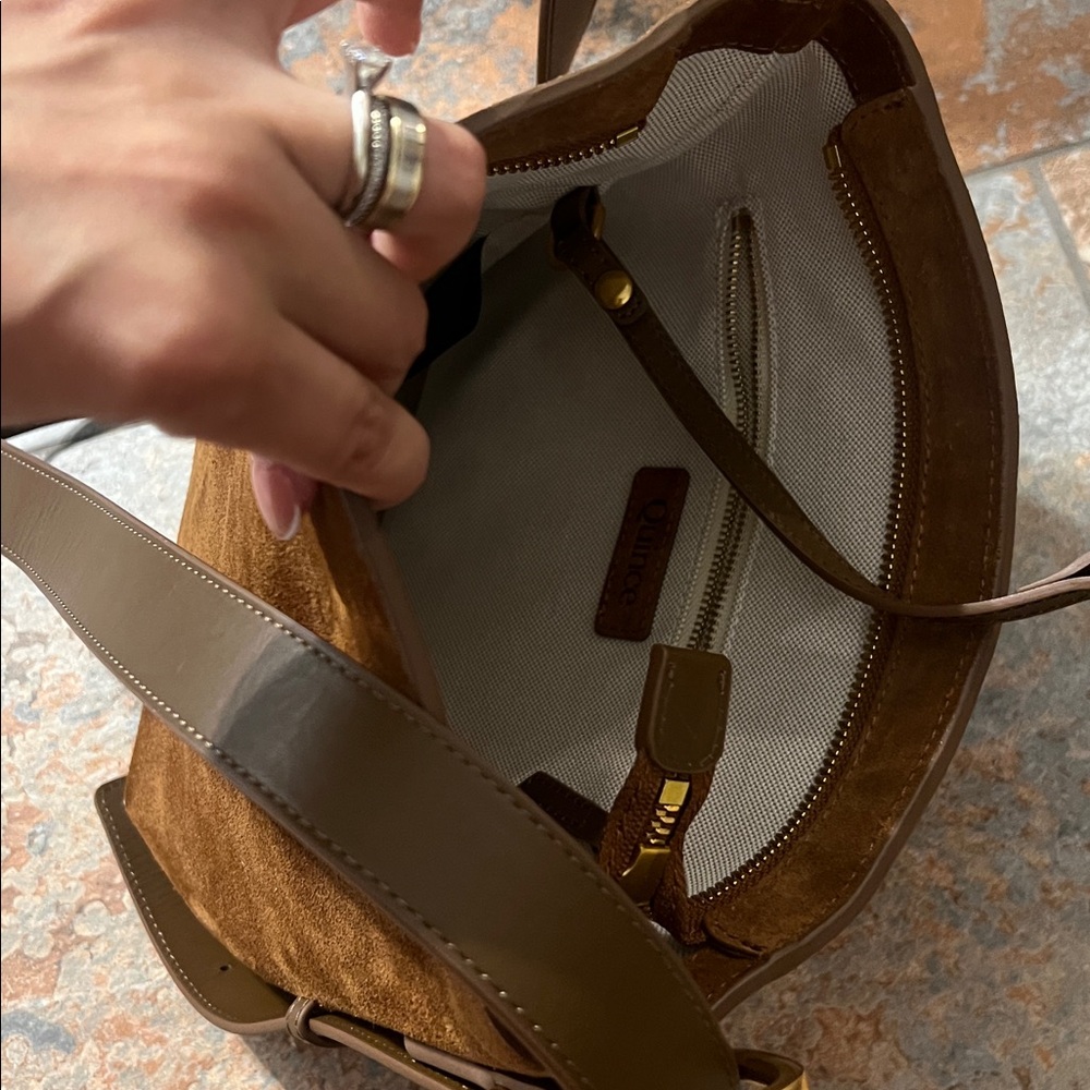 Quince Suede Crossbody Bag in Brown with Tan Strap - Picture 7 of 10
